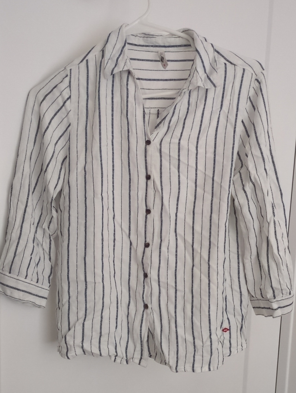 Striped Linen Blend Women’s Shirt - White with Navy Stripes